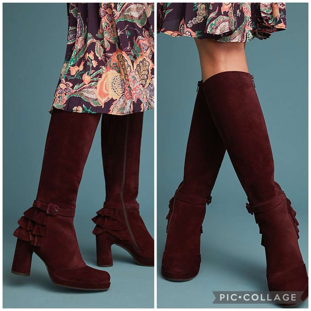 Chie Mihara Ruffled Tall Boot Heeled Wine Burgundy Suede 40 9